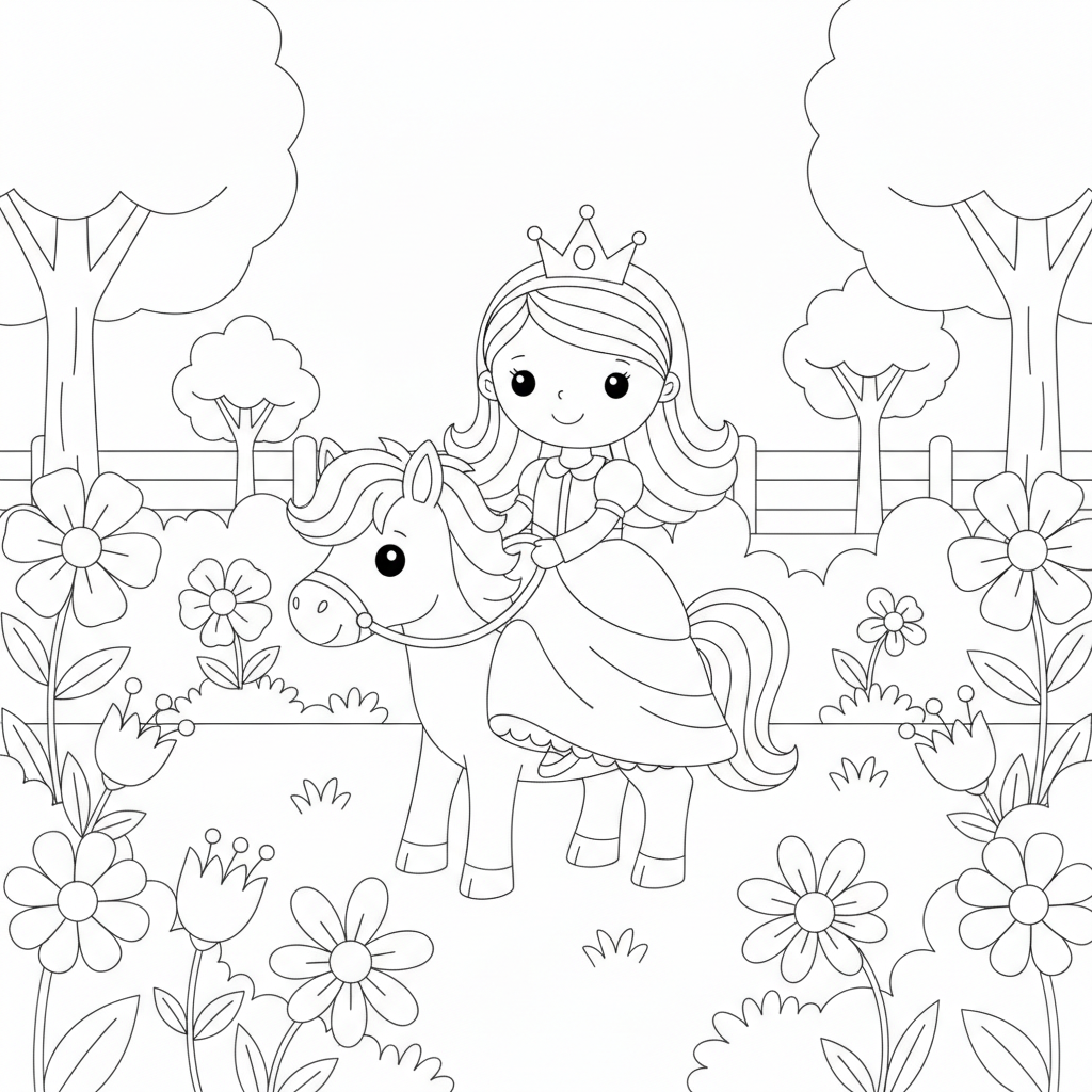 Princess coloring page 4 - princess riding a pony in a garden