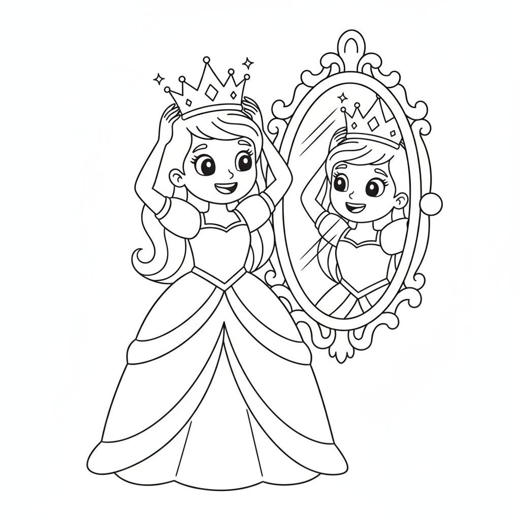 Princess coloring page 5 - princess trying on a sparkling crown at a mirror