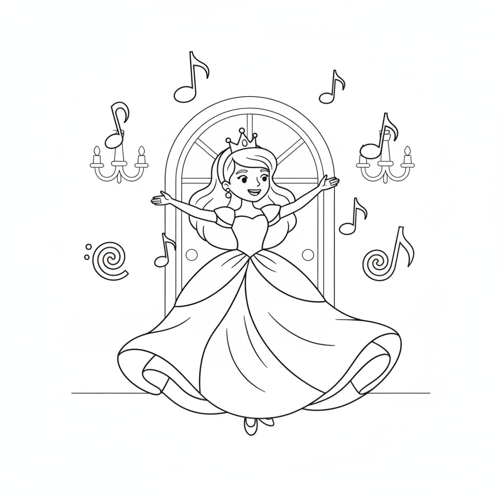 Princess coloring page 6 - princess dancing at a ball with musical notes