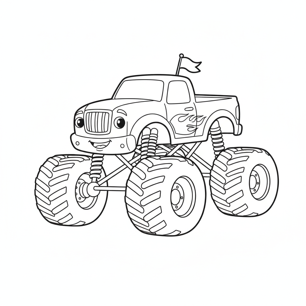 Truck coloring page 1 - big friendly monster truck with huge wheels