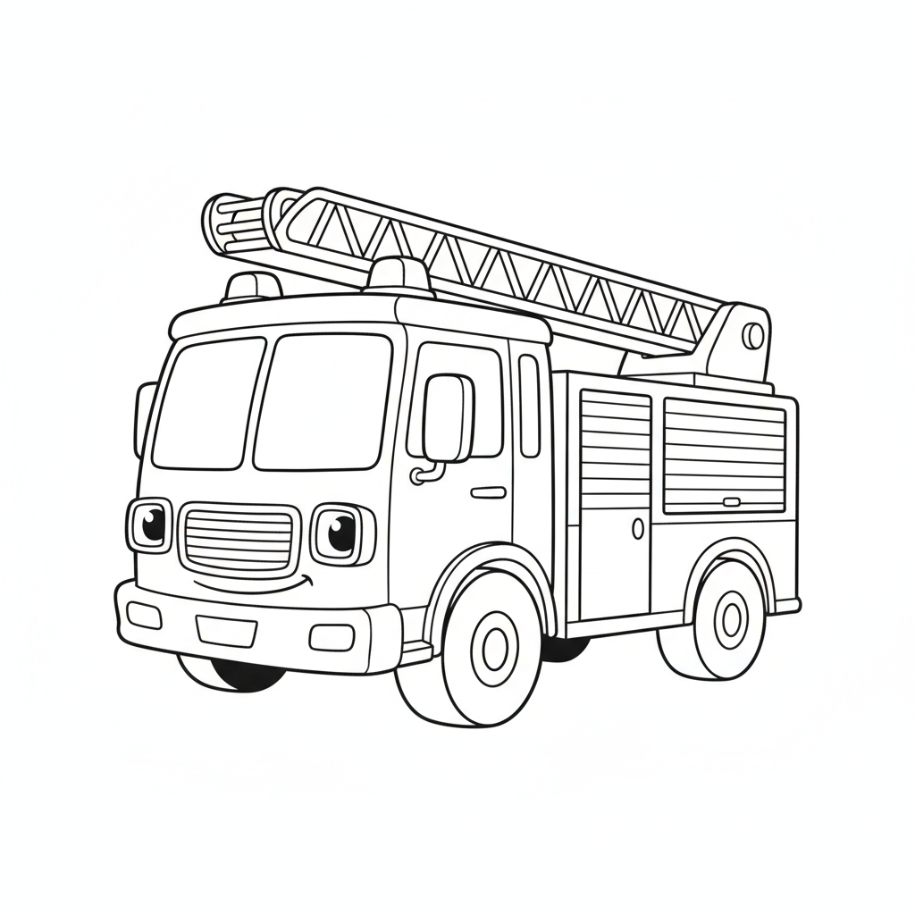 Truck coloring page 2 - fire truck with a ladder, cartoon style
