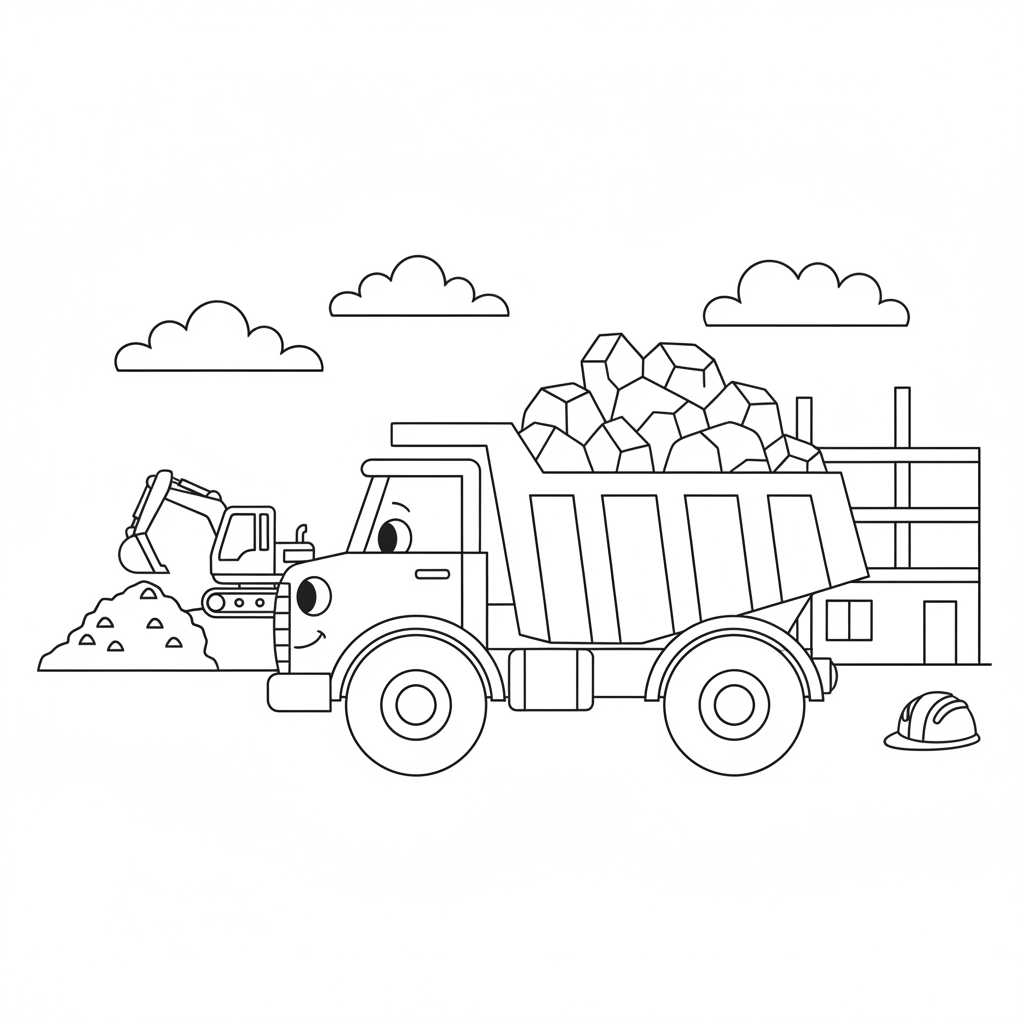Truck coloring page 3 - dump truck carrying rocks at a construction site