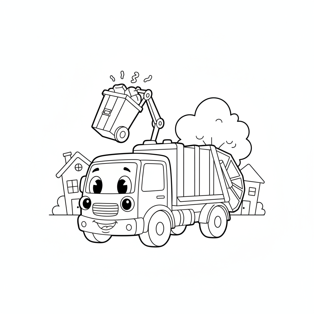 Truck coloring page 5 - garbage truck lifting a bin, cartoon style