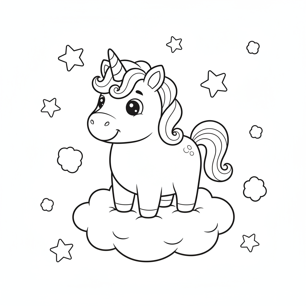 Unicorn coloring page 1 - unicorn standing on a fluffy cloud with stars