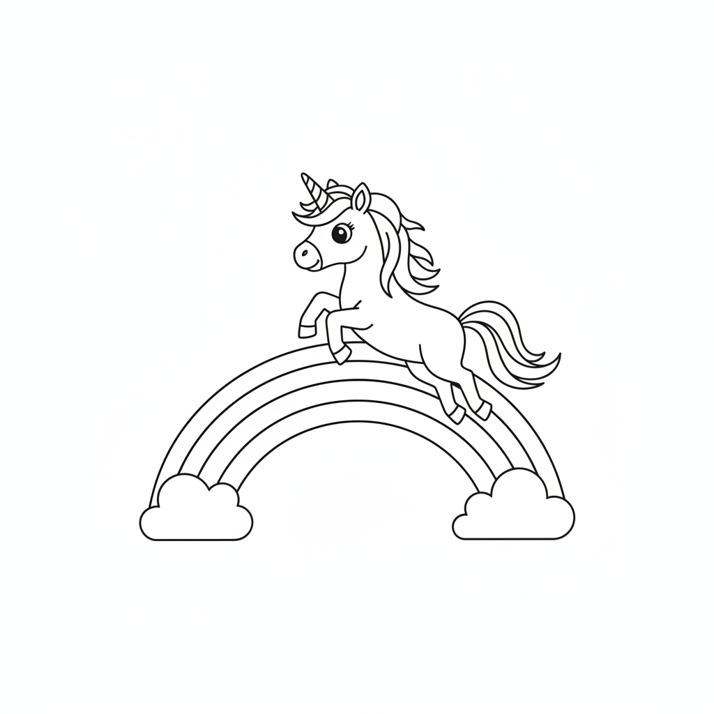 Unicorn coloring page 2 - unicorn with flowing mane jumping over a rainbow