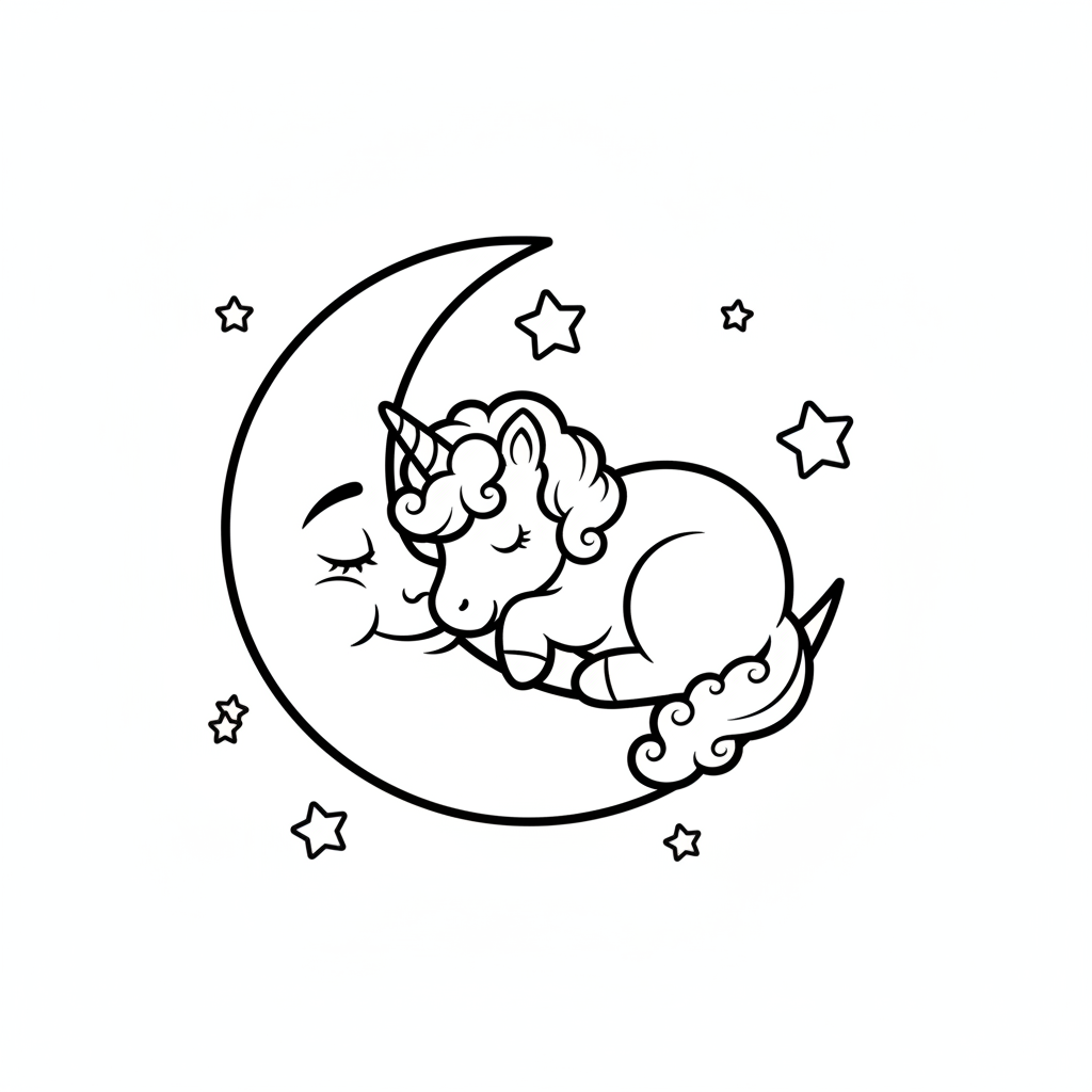 Unicorn coloring page 3 - baby unicorn sleeping beside a crescent moon