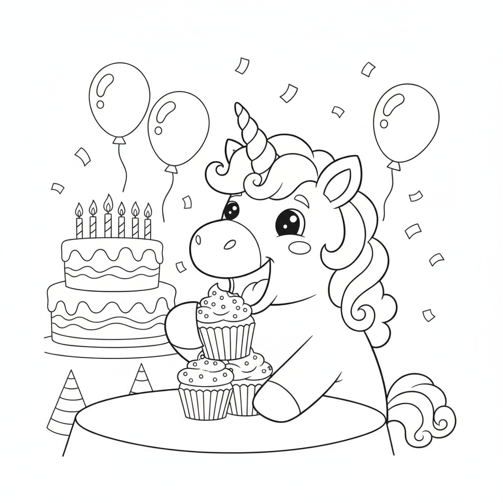 Unicorn coloring page 4 - unicorn eating a cupcake at a birthday party