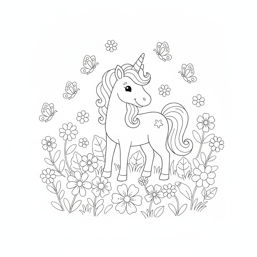 Unicorn coloring page 5 - unicorn in a flower meadow with butterflies