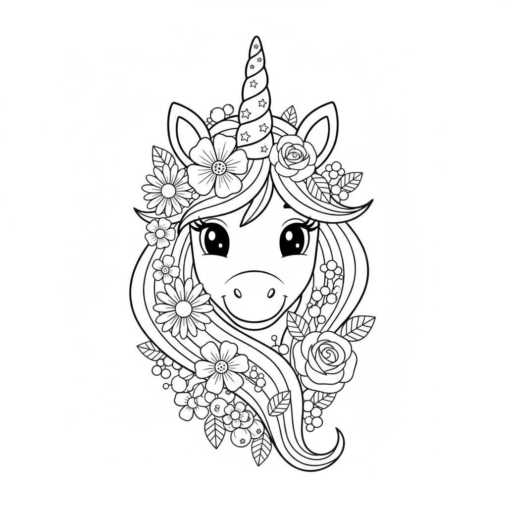 Unicorn coloring page 6 - unicorn head portrait with flowers in its mane